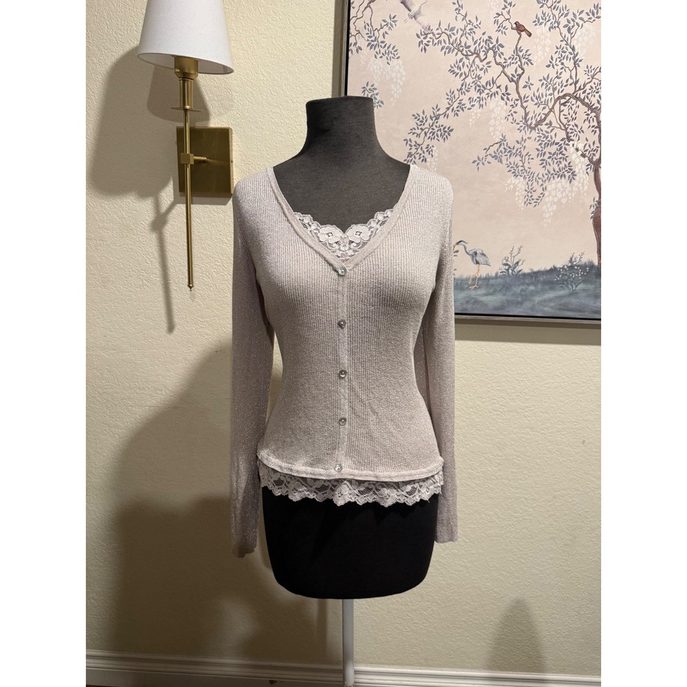 August Silk Knits Champagne Metallic Ribbed Lace Trim Cardigan Sweater Large